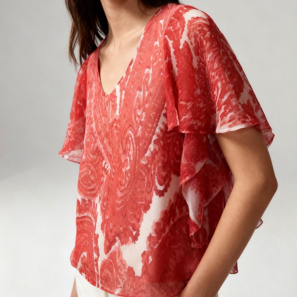 Milly Silk Flutter Sleeve Top V Neck Blouse Career Resort Wear Coral size 2